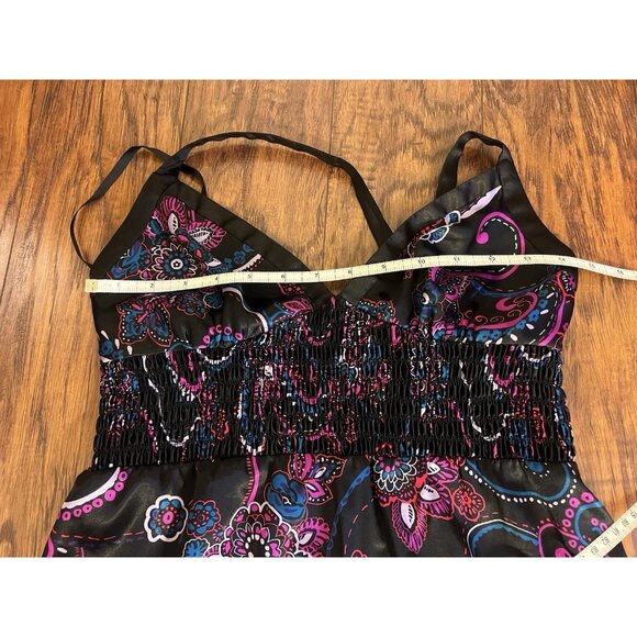 Vintage Y2K Guess Medium Black Pink Silky Floral Halter Top Blouse Festival - Picture 7 of 8